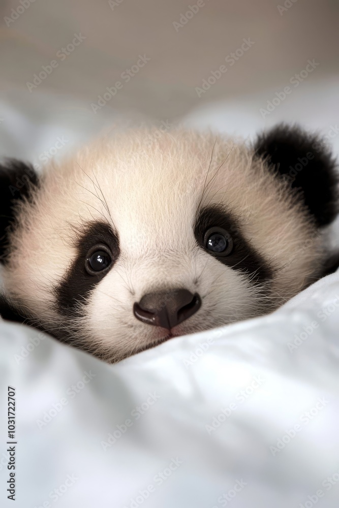 Naklejka premium A close-up of a panda bear on a white bed with its black facial marks