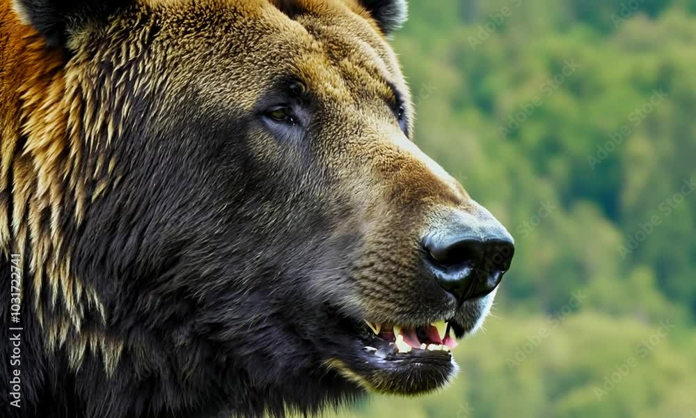 custom made wallpaper toronto digitalClose-up of a brown bear's face with a blurred green forest background.
