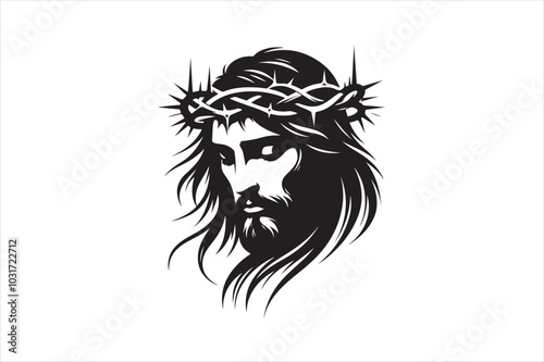 Minimalist Black Silhouette of Jesus Christ with Crown of Thorns  Clean Line Art 40.eps photo