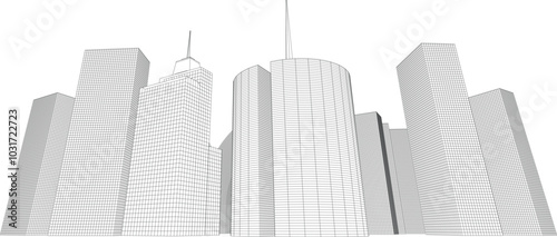 A detailed wireframe illustration of towering modern skyscrapers representing urban architecture and city planning.
