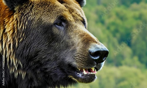Wallpaper Mural Close-up of a brown bear's face with a blurred green forest background. Torontodigital.ca