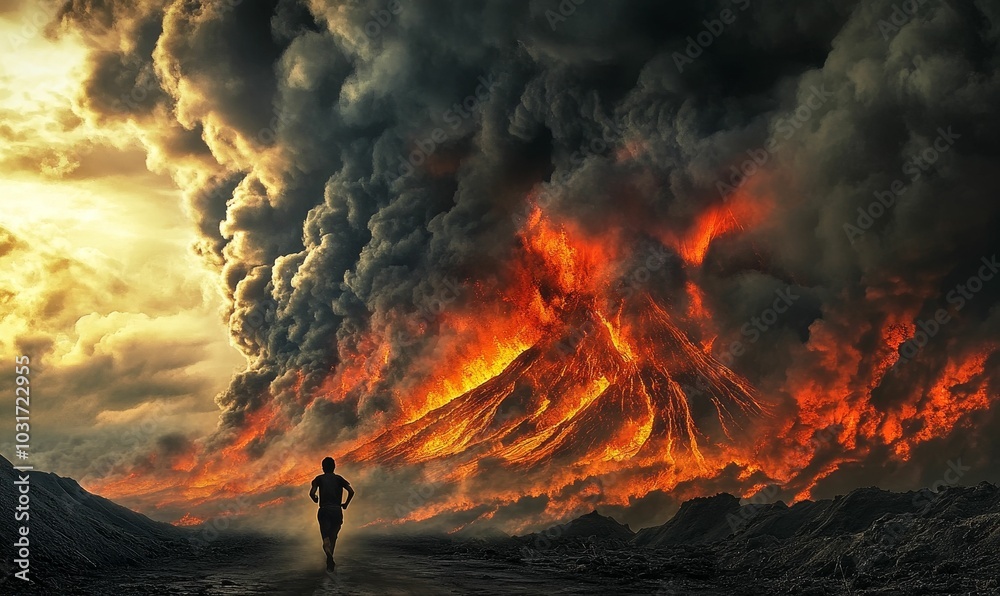 Fototapeta premium A lone figure runs away from a fiery volcano.