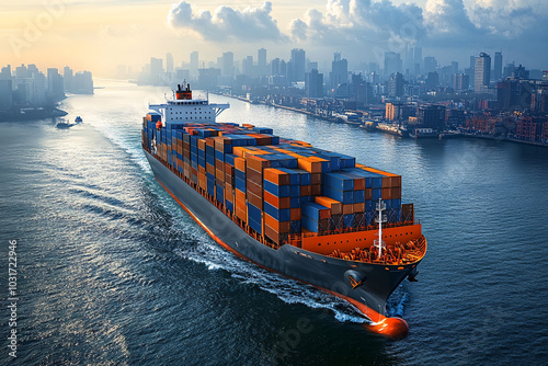 Cargo container Ship, cargo vessel ship carrying container and running for import export concept technology freight shipping sea freight by Express Ship. 
