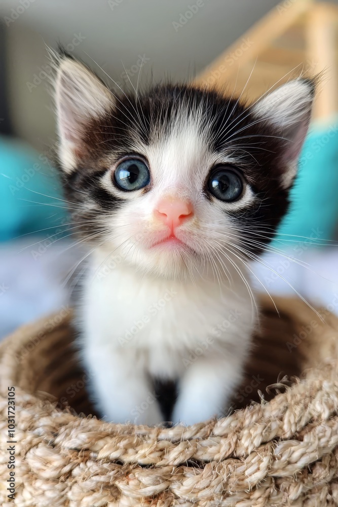 A black-and-white kitten with blue eyes sits in a cat bed featuring a blue pillow A black-and-white kitten with blue eyes sits in a cat bed featuring a blue pillow