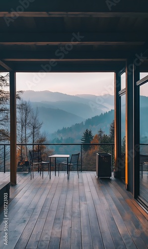 135. An empty outdoor deck with a view of the mountains
