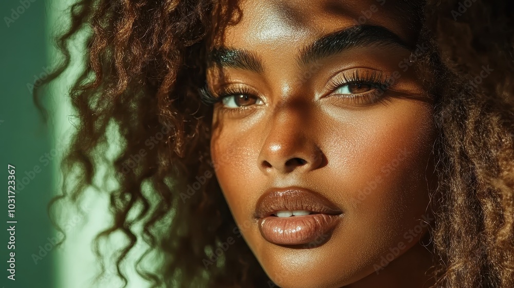 This close-up captures a woman with curly hair under shadowy lighting, emphasizing her striking features and conveying a mysterious and captivating allure. This close-up captures a woman with curly hair under shadowy lighting, emphasizing her striking features and conveying a mysterious and captivating allure.