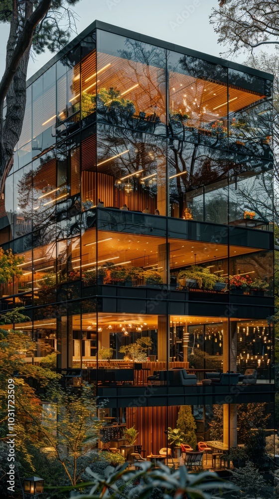 Modern glass house nestled in lush greenery, showcasing stunning architecture and warm interior lighting during twilight hours Modern glass house nestled in lush greenery, showcasing stunning architecture and warm interior lighting during twilight hours