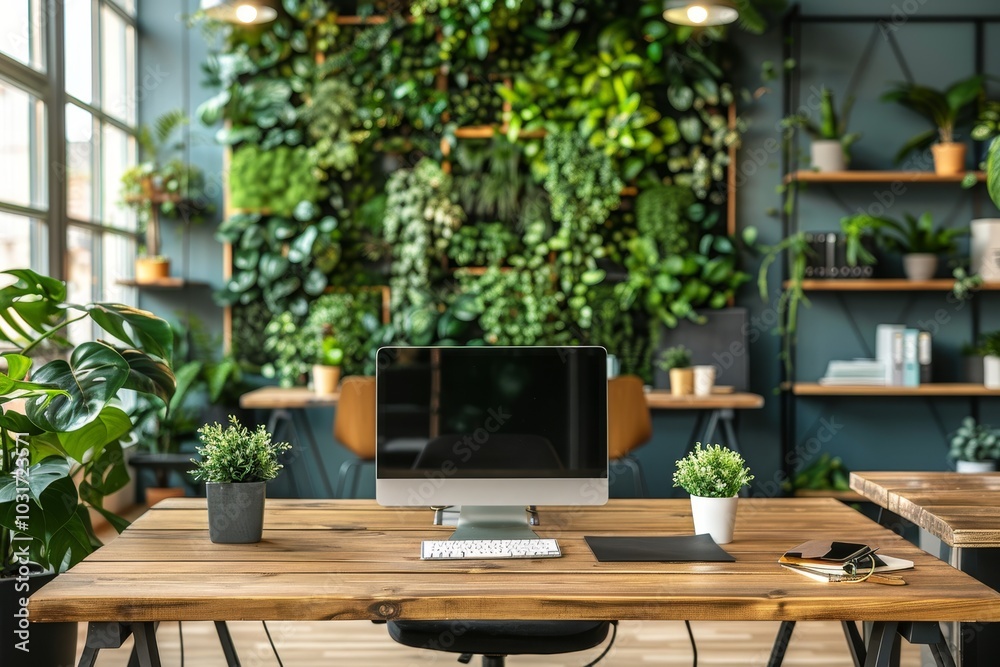 Modern workspace with greenery in an office featuring plants, a computer, and natural light during the day
