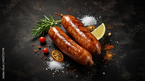 Two grilled sausages on a dark background with spices, rosemary, lemon and cherry tomatoes. © kucret