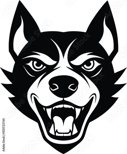 fierce wolf or dog illustration, aggressive hand-drawn snarling canine vector for logo, tattoo, mascot, or wild animal-themed designs, black and white detailed artwork