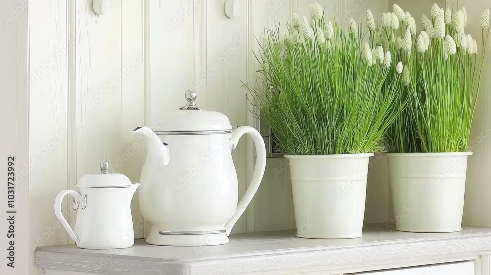Elegant Floral Arrangement and Tea Set on Minimalist Desk Elegant Floral Arrangement and Tea Set on Minimalist Desk