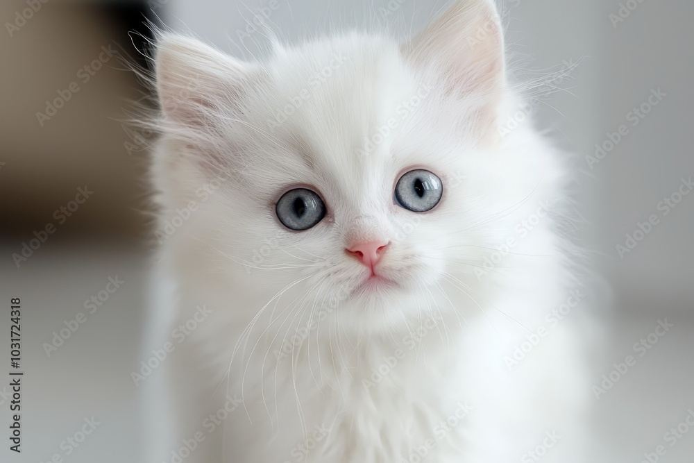 A white kitten with blue eyes gazes seriously into the camera, perched on a pristine white surface A white kitten with blue eyes gazes seriously into the camera, perched on a pristine white surface