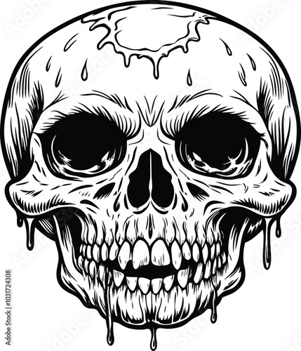 dripping skull illustration, scary hand-drawn skull art with melting details, horror vector for tattoo, Halloween, or gothic design themes in black and white