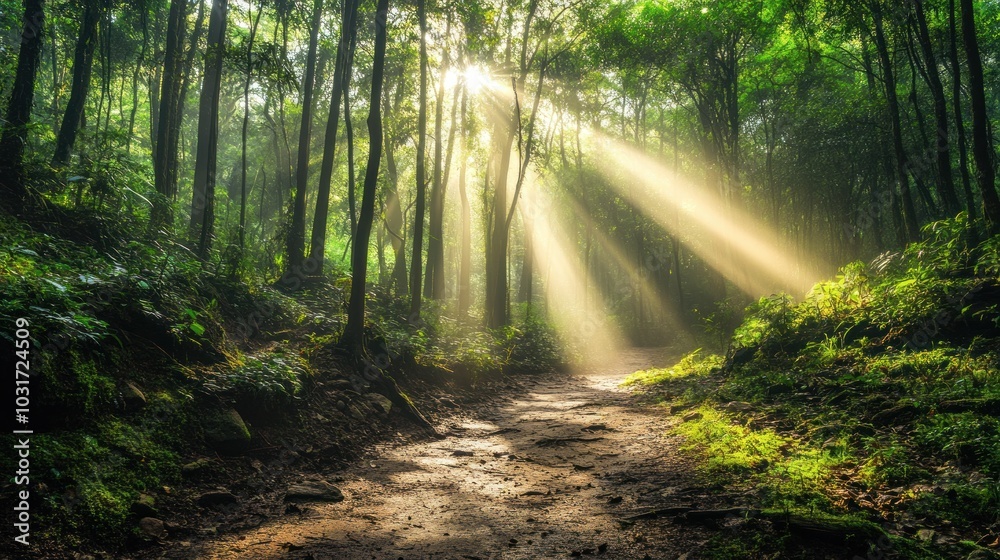 Fototapeta premium Serene forest scene with sunlight filtering through trees, illuminating a tranquil path.