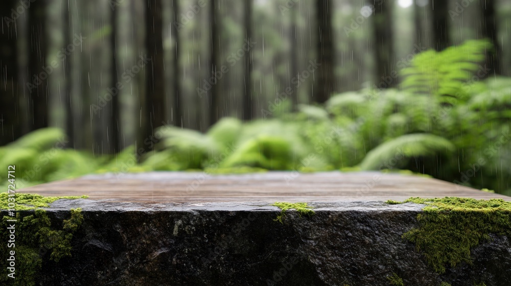 A moss-covered stone surface in a lush, rainy forest setting. A moss-covered stone surface in a lush, rainy forest setting.