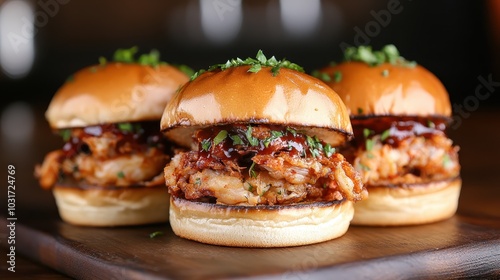 Three gourmet sliders with savory, aromatic fillings. The buns are presented on a wooden board, emphasizing the appeal and flavors of this culinary delight. photo