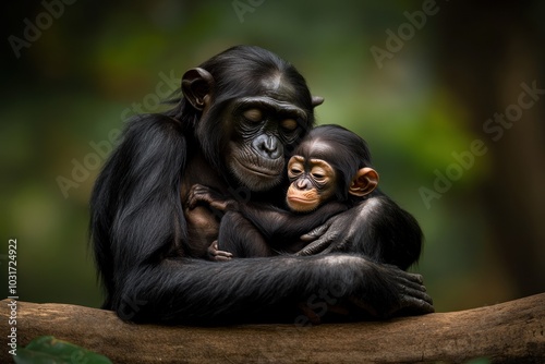 A tender moment between a mother and baby chimpanzee in a natural setting.