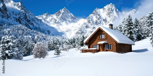 Cozy Wooden Cabin in Snowy Mountain Landscape Winter Wonderland Scene