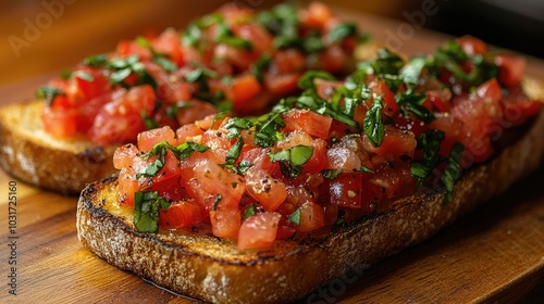 Italian bruschetta topped with fresh tomatoes, basil, and garlic, drizzled with olive oil and served on a wooden board