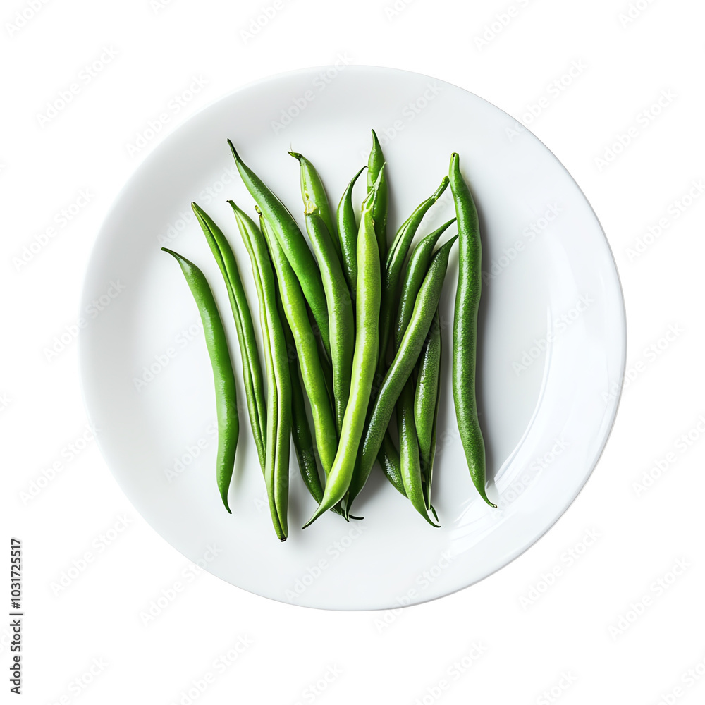 Green beans on white plate, white isolate background Green beans on white plate, white isolate background