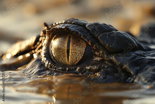 Close-up of a crocodile's eye reflecting light in a natural habitat.