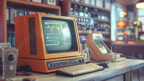 Vintage computer setup with retro monitors and equipment in a historic tech display, showcasing early computing technology