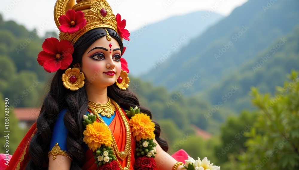 Goddess Durga Idol Adorned with Fresh Flowers Against a Scenic Background Evoking Beauty and Grace for Maha Navami. Goddess Durga Idol Adorned with Fresh Flowers Against a Scenic Background Evoking Beauty and Grace for Maha Navami.