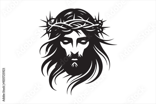 Minimalist Black Silhouette of Jesus Christ with Crown of Thorns  Clean Line Art 67.eps photo