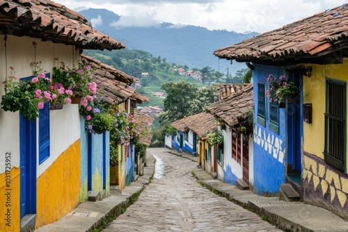 A picturesque cobblestone street lined with colorful houses and vibrant flowers in a scenic village.