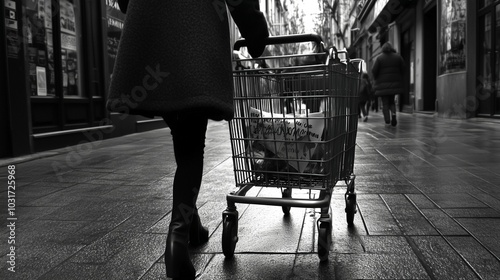 A bleak image of a woman pushing a shopping cart depicting the dark side of Black Friday that is an institution of unsustainable consumerism, industrialism, materialism, capitalism