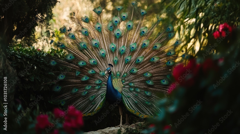 Obraz premium A vibrant peacock displays its colorful feathers amidst lush greenery and blooming flowers.