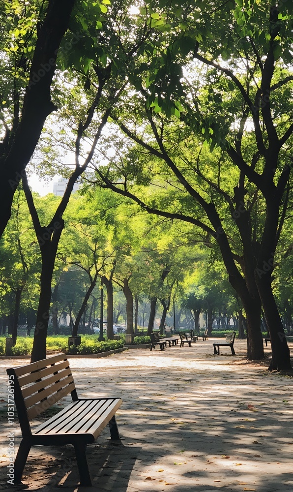 122. An empty park with benches under tall trees 122. An empty park with benches under tall trees