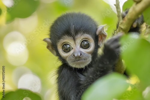 A close-up of a young monkey perched on a branch, surrounded by green foliage.