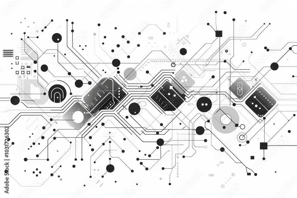 Obraz premium Abstract circuit board design with interconnected lines and geometric shapes created in black and white style showcasing technology concepts