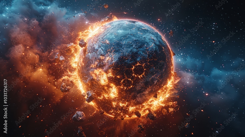 A dynamic scene depicts a burning planet engulfed in flames with floating asteroids set against a vivid cosmic background filled with stars and colorful gases A dynamic scene depicts a burning planet engulfed in flames with floating asteroids set against a vivid cosmic background filled with stars and colorful gases