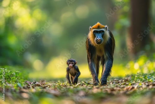 A mother monkey walks alongside her young one on a forest path, surrounded by greenery.