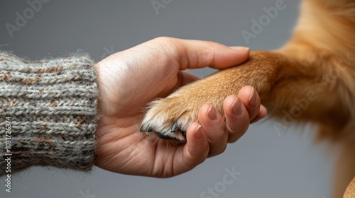 A hand reaches out to grasp a golden retriever's paw, showcasing a bond between human and dog. The soft lighting creates a gentle ambiance in the room