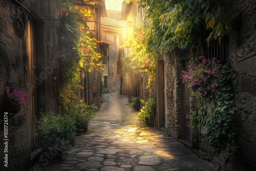 A serene cobblestone alley illuminated by sunlight and adorned with vibrant flowers.