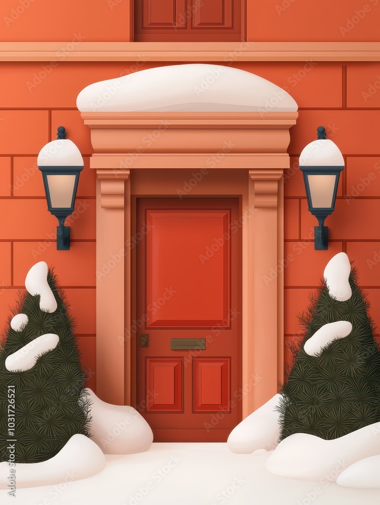 Fototapeta premium Chic winter sale at a luxury boutique, featuring sleek banners and a snow-covered entrance, inviting holiday shoppers.