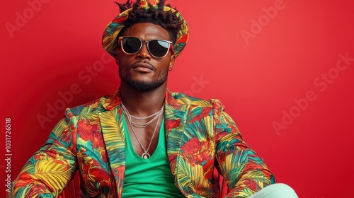 A fashionable individual models a brightly patterned suit and hat, striking a confident pose against a vivid red background, showcasing bold and creative style.