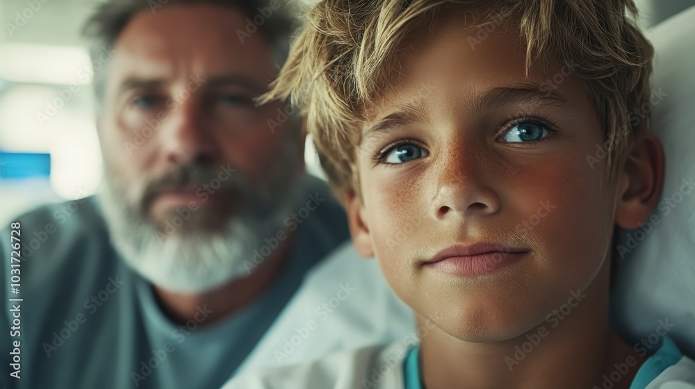 A close-up of a young boy with blond hair and blue eyes, sitting in front of an older bearded man, both seemingly lost in thought, creating a warm atmosphere. A close-up of a young boy with blond hair and blue eyes, sitting in front of an older bearded man, both seemingly lost in thought, creating a warm atmosphere.
