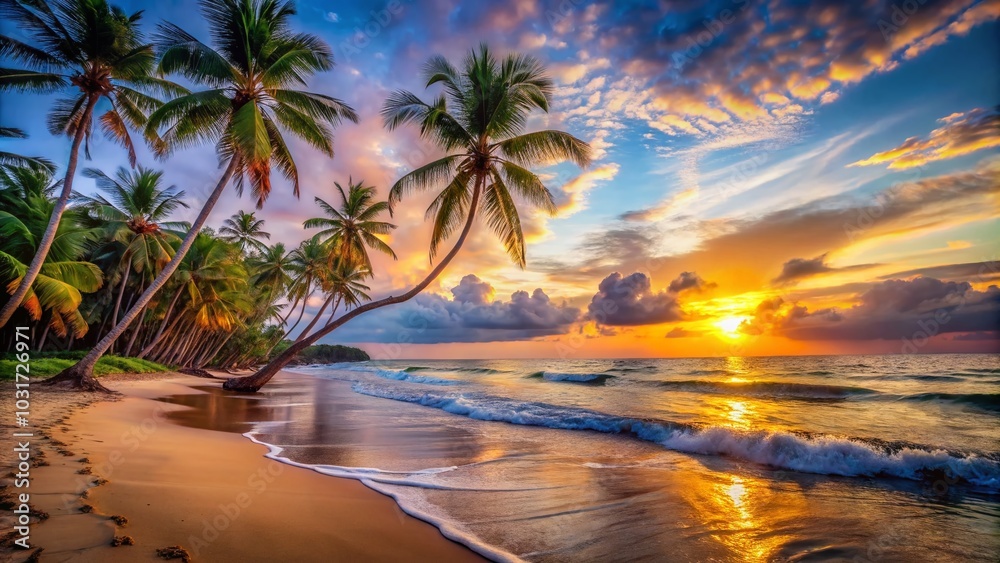 Tropical Beach Paradise with Coconut Palms - Low Light Photography for Serene Panoramic Views Tropical Beach Paradise with Coconut Palms - Low Light Photography for Serene Panoramic Views