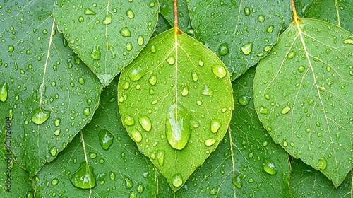 Fresh Green Leaves with Water Droplets   Nature Texture Background