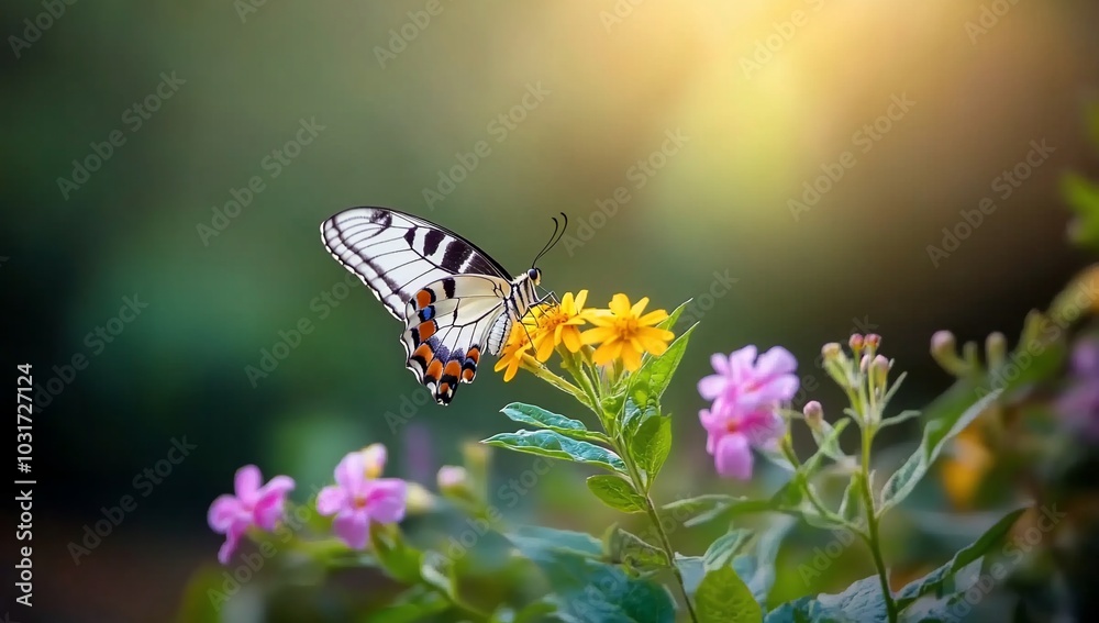 A butterfly perched on vibrant flowers in a serene natural setting. A butterfly perched on vibrant flowers in a serene natural setting.