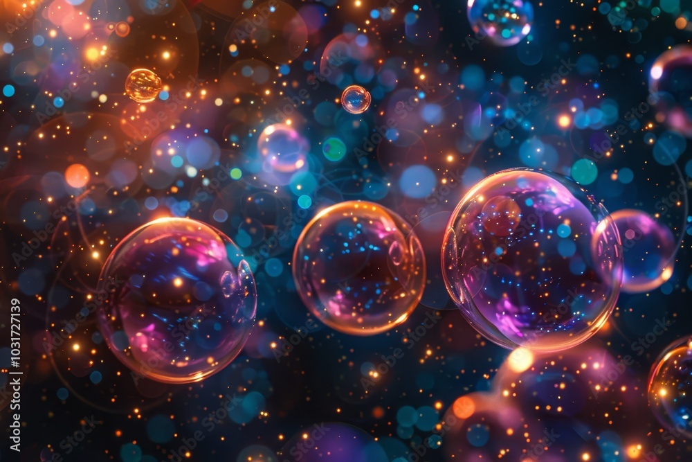 Colorful bubbles floating in a vibrant abstract background filled with shimmering lights at night Colorful bubbles floating in a vibrant abstract background filled with shimmering lights at night