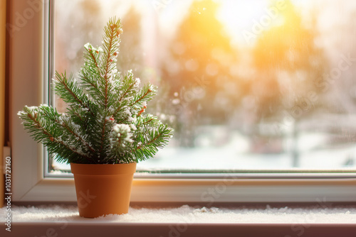 Сute small Christmas tree in a pot stands on the windowsill, bright sunny day, closeup view