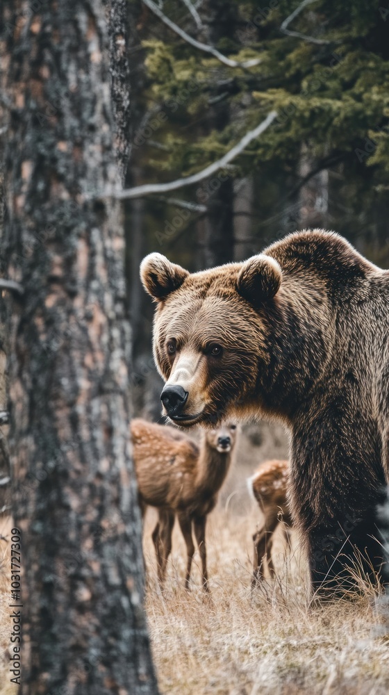 Fototapeta premium A bear stands in a forest with deer in the background, showcasing wildlife interaction.
