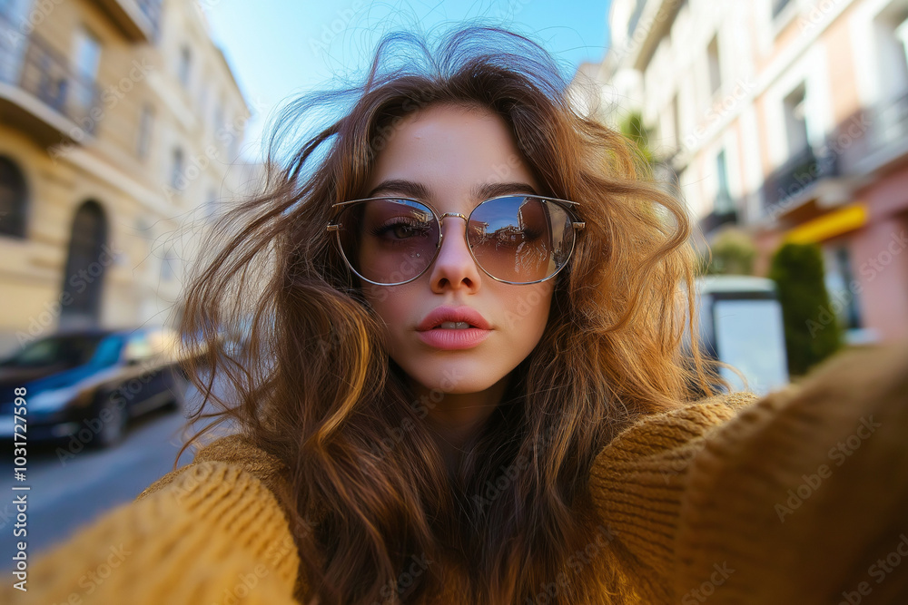 portrait selfie of a gen z fun girl looking happy into the camera