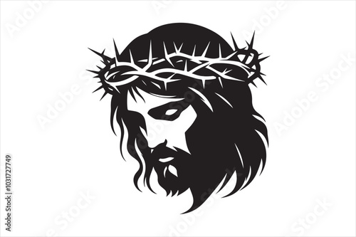 Minimalist Black Silhouette of Jesus Christ with Crown of Thorns  Clean Line Art 86.eps