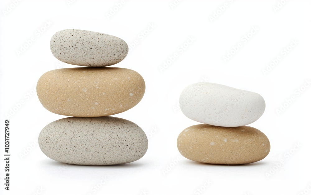 A pair of small, smooth stones stacked delicately, isolated on a white background A pair of small, smooth stones stacked delicately, isolated on a white background